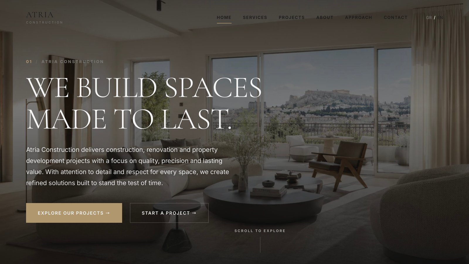 Atria Construction — custom ιστοσελίδα PHP, HTML και CSS